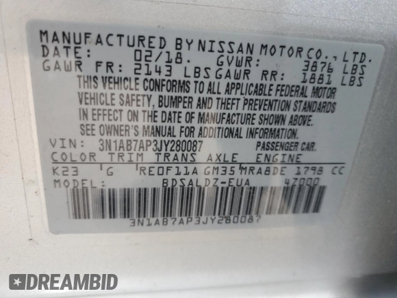 2018 Nissan Sentra SR with VIN 3N1AB7AP3JY280087, listed as a Copart auction lot 51953575 with 78,978 mi miles and Salvage Title. Bid and sale history available at DreamBid. Image 12.
