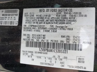 2012 Ford Mustang V6 Premium with VIN 1ZVBP8AM1C5205321, listed as a IAAI auction lot 41877052 with 120,412 mi miles. Bid and sale history available at carsss.com. Image 9.