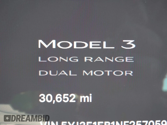 2022 Tesla Model 3 Long Range with VIN 5YJ3E1EB1NF257059, listed as a IAAI auction lot 41329318 with 30,652 mi miles and . Bid and sale history available at DreamBid. Image 15.