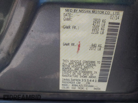 2014 Nissan Altima S with VIN 1N4AL3AP4EN355441, listed as a IAAI auction lot 41628050 with 162,309 mi miles and . Bid and sale history available at carsss.com. Image 9.