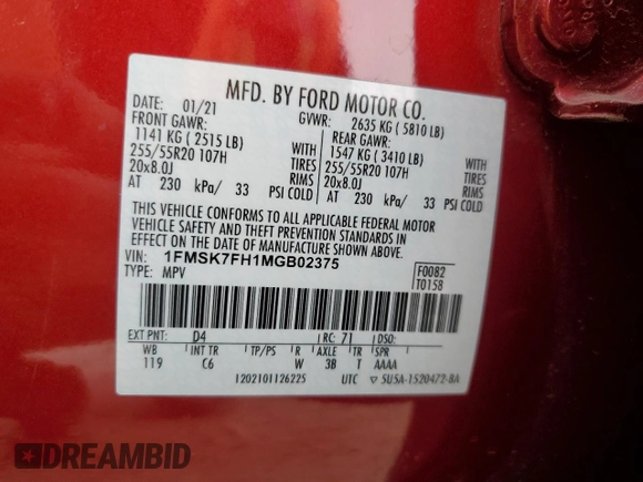 2021 Ford Explorer Limited with VIN 1FMSK7FH1MGB02375, listed as a Copart auction lot 49613335 with 48,371 mi miles and Salvage Title. Bid and sale history available at carsss.com. Image 15.