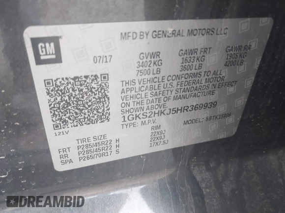 2017 GMC Yukon XL Denali with VIN 1GKS2HKJ5HR369939, listed as a IAAI auction lot 41446415 with 159,056 mi miles. Bid and sale history available at carsss.com. Image 9.