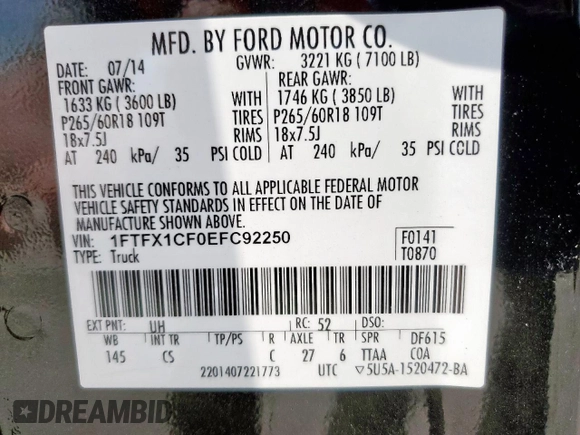 2014 Ford F-150 XL with VIN 1FTFX1CF0EFC92250, listed as a Copart auction lot 58959555 with 157,279 mi miles and Salvage title. Bid and sale history available at DreamBid. Image 12.