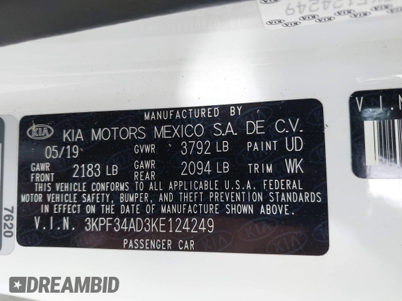 2019 Kia Forte S with VIN 3KPF34AD3KE124249, listed as a IAAI auction lot 41986218 with 40,164 mi miles. Bid and sale history available at carsss.com. Image 9.