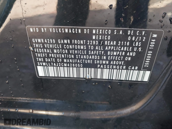 2012 Volkswagen Jetta TDI w/Premium with VIN 3VWLL7AJ2CM426050, listed as a IAAI auction lot 41332817 with 111,996 mi miles and . Bid and sale history available at DreamBid. Image 9.