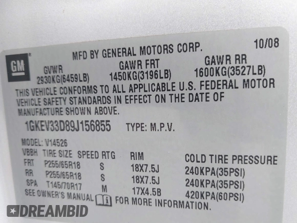 2009 GMC Acadia SLT2 z VIN 1GKEV33D89J156855, wystawiony jako IAAI lot #40816119 z przebiegiem 166 057 mil mil oraz . Historia ofert i sprzedaży dostępna na DreamBid. Obrazek 9.