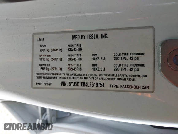 2020 Tesla Model 3 Long Range with VIN 5YJ3E1EB4LF619754, listed as a IAAI auction lot 41920422 with 82,430 mi miles and . Bid and sale history available at DreamBid. Image 9.