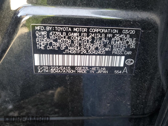 2020 Lexus IS with VIN JTHG81F29L5042405, listed as a Copart auction lot 78290474 with 34,179 mi miles and Salvage Title. Bid and sale history available at carsss.com. Image 14.