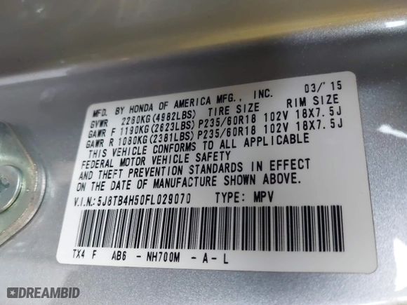 2015 Acura RDX Tech Pkg with VIN 5J8TB4H50FL029070, listed as a IAAI auction lot 41555857 with 134,868 mi miles. Bid and sale history available at carsss.com. Image 9.