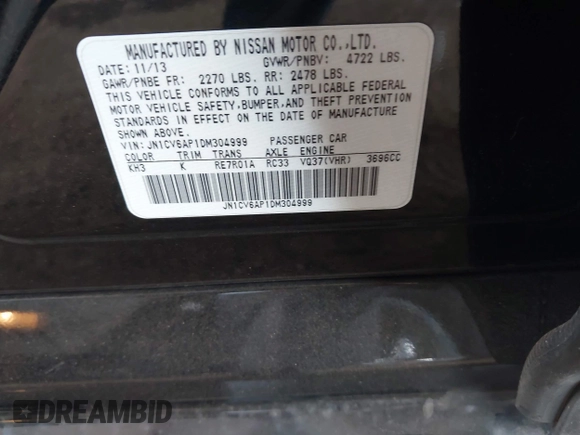 2013 Infiniti G37 Journey with VIN JN1CV6AP1DM304999, listed as a IAAI auction lot 42047590 with 111,187 mi miles and . Bid and sale history available at DreamBid. Image 9.