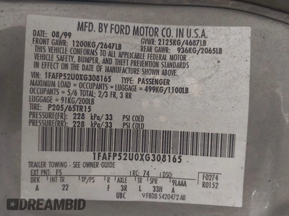 1999 Ford Taurus LX Standard with VIN 1FAFP52U0XG308165, listed as a IAAI auction lot 42509140 with 238,920 mi miles and . Bid and sale history available at DreamBid. Image 9.