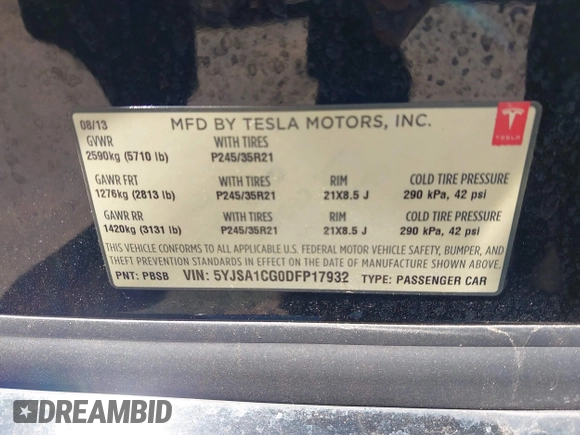 2013 Tesla Model S z VIN 5YJSA1CG0DFP17932, wystawiony jako IAAI lot #42212413 z przebiegiem 76 214 mil mil oraz . Historia ofert i sprzedaży dostępna na DreamBid. Obrazek 9.