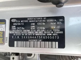 2015 Kia Optima EX with VIN 5XXGN4A75FG505073, listed as a Copart auction lot 50218595 with 77,199 mi miles and Salvage Title. Bid and sale history available at carsss.com. Image 13.
