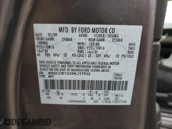 2009 Mercury Mariner with VIN 4M2CU81G39KJ17532, listed as a Copart auction lot 43907455 with 214,212 mi miles and Salvage title. Bid and sale history available at DreamBid. Image 16.