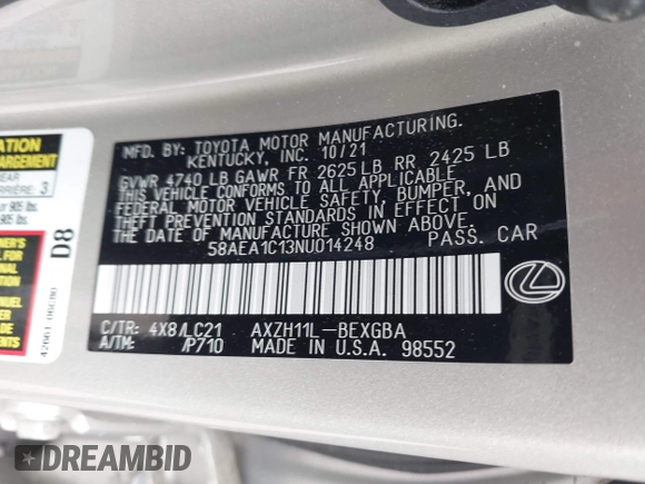 2022 Lexus ES 300h Luxury with VIN 58AEA1C13NU014248, listed as a IAAI auction lot 42057739 with 16,339 mi miles and . Bid and sale history available at DreamBid. Image 9.