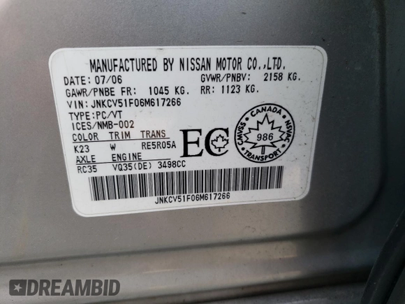 2006 Infiniti G35 with VIN JNKCV51F06M617266, listed as a Copart auction lot 70624804 with 276,847 mi miles and Clean Title. Bid and sale history available at DreamBid. Image 12.