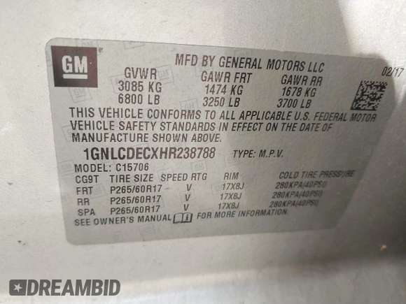 2017 Chevrolet Tahoe Commercial with VIN 1GNLCDECXHR238788, listed as a IAAI auction lot 41718161 with 129,880 mi miles and . Bid and sale history available at DreamBid. Image 9.