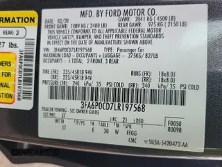 2020 Ford Fusion SEL with VIN 3FA6P0CD7LR197568, listed as a IAAI auction lot 42725343 with 111,304 mi miles and . Bid and sale history available at DreamBid. Image 24.