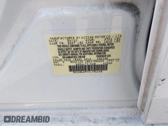 2012 Nissan Sentra 2.0 with VIN 3N1AB6AP4CL726158, listed as a IAAI auction lot 42377833 with 69,181 mi miles and . Bid and sale history available at DreamBid. Image 9.