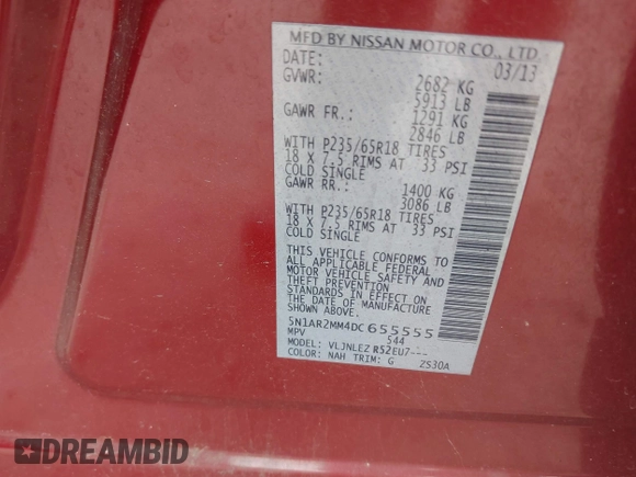 2013 Nissan Pathfinder SL with VIN 5N1AR2MM4DC655555, listed as a IAAI auction lot 42493665 with 161,159 mi miles and . Bid and sale history available at DreamBid. Image 9.