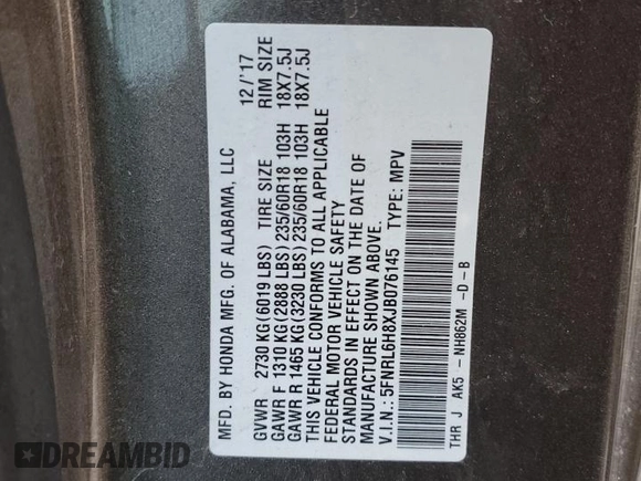2018 Honda Odyssey Touring с VIN 5FNRL6H8XJB076145, выставлен на аукционе Copart как лот 51870865 с пробегом 96 486 миль миль и Списание • Salvage title. История ставок и продаж доступна на DreamBid. Изображение 16.
