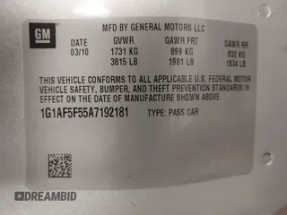 2010 Chevrolet Cobalt 2LT with VIN 1G1AF5F55A7192181, listed as a IAAI auction lot 42165685 with 180,807 mi miles and . Bid and sale history available at DreamBid. Image 9.