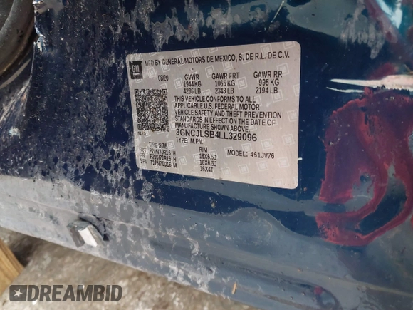 2020 Chevrolet Trax LT z VIN 3GNCJLSB4LL329096, wystawiony jako IAAI lot #41625620 z przebiegiem Nie podano mil oraz . Historia ofert i sprzedaży dostępna na DreamBid. Obrazek 9.