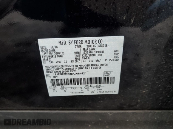 2019 Ford Explorer с VIN 1FM5K8B82KGA64421, выставлен на аукционе Copart как лот 82410184 с пробегом 32 007 миль миль и На запчасти • Non repairable. История ставок и продаж доступна на DreamBid. Изображение 13.