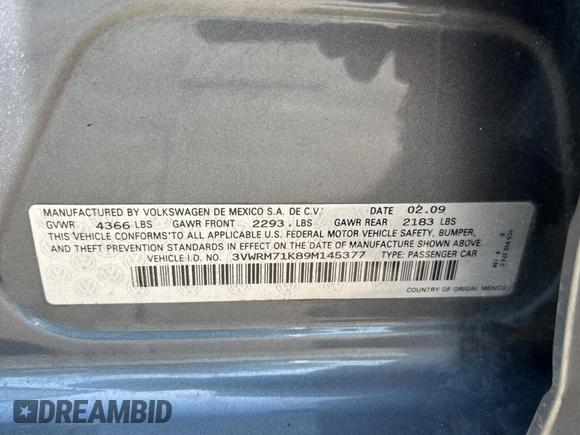 2009 Volkswagen Jetta SE with VIN 3VWRM71K89M145377, listed as a Copart auction lot 66104525 with 161,429 mi miles and Clean title. Bid and sale history available at DreamBid. Image 11.