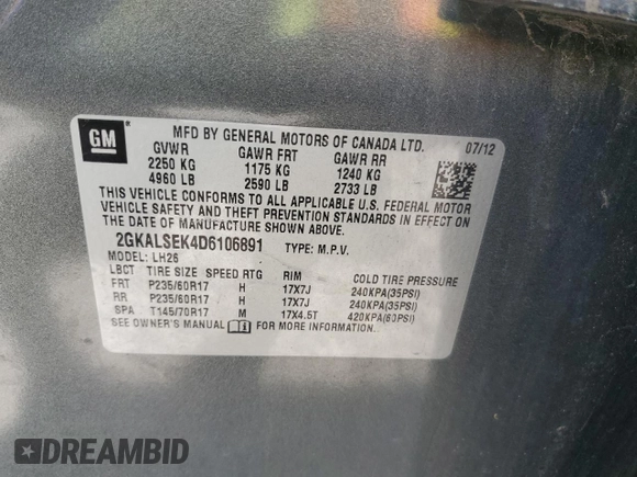 2013 GMC Terrain SLE with VIN 2GKALSEK4D6106891, listed as a Copart auction lot 65128345 with 135,782 mi miles and Salvage title. Bid and sale history available at DreamBid. Image 13.
