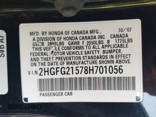 2008 Honda Civic Cpe Si with VIN 2HGFG21578H701056, listed as a IAAI auction lot 41644991 with 193,894 mi miles. Bid and sale history available at carsss.com. Image 9.