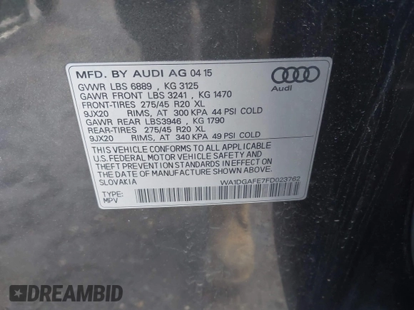 2015 Audi Q7 3.0T S line Prestige with VIN WA1DGAFE7FD023762, listed as a IAAI auction lot 42027169 with 110,744 mi miles. Bid and sale history available at carsss.com. Image 9.