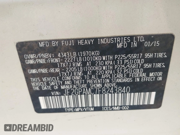 2015 Subaru Crosstrek Limited with VIN JF2GPAMC7F8243840, listed as a IAAI auction lot 42546523 with 159,642 mi miles and . Bid and sale history available at DreamBid. Image 9.