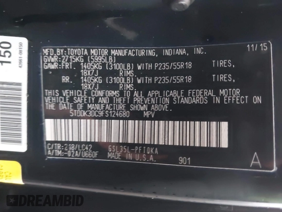 2015 Toyota Sienna Ltd with VIN 5TDDK3DC9FS124680, listed as a IAAI auction lot 41064112 with 46,876 mi miles. Bid and sale history available at carsss.com. Image 9.