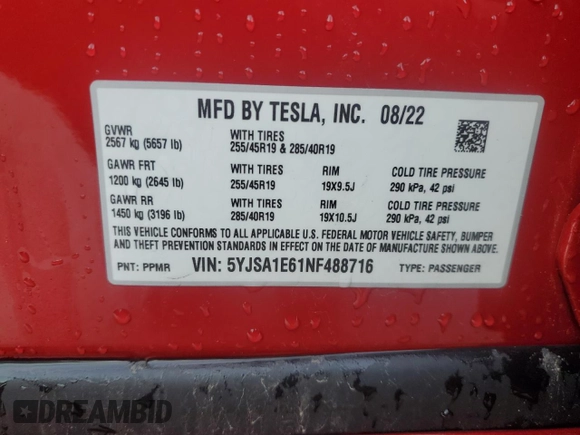 2022 Tesla Model S Plaid with VIN 5YJSA1E61NF488716, listed as a Copart auction lot 45325785 with Not provided miles and Salvage title. Bid and sale history available at DreamBid. Image 14.