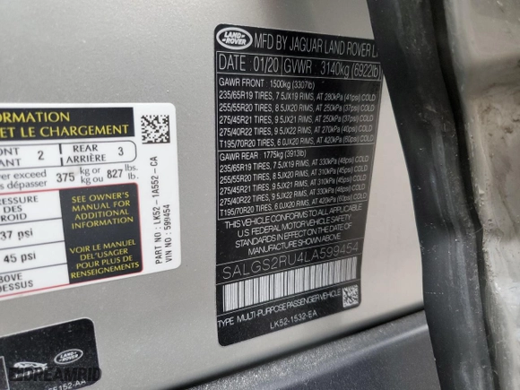 2020 Land Rover Range Rover HSE with VIN SALGS2RU4LA599454, listed as a Copart auction lot 46345355 with 39,898 mi miles and Salvage Title. Bid and sale history available at carsss.com. Image 13.