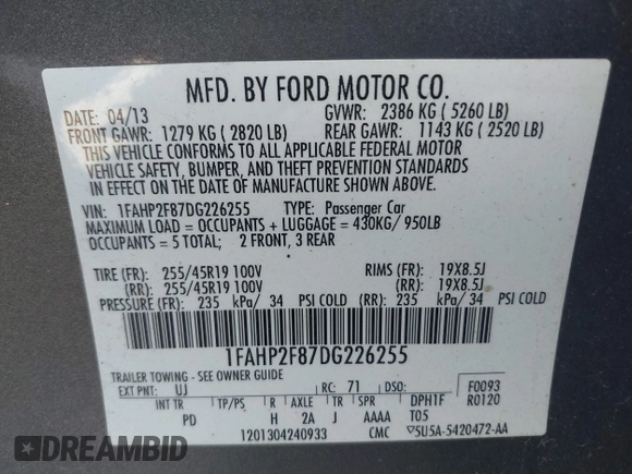 2013 Ford Taurus Limited with VIN 1FAHP2F87DG226255, listed as a IAAI auction lot 42435185 with 223,544 mi miles and . Bid and sale history available at DreamBid. Image 9.