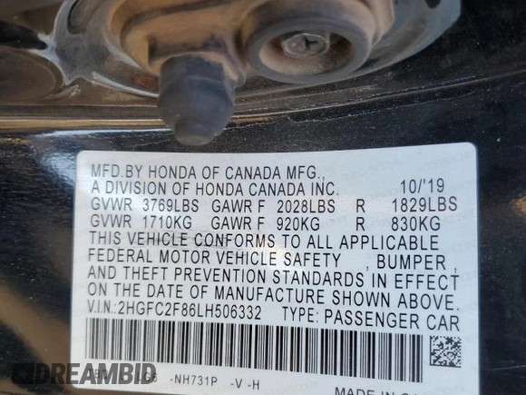 2020 Honda Civic Sedan Sport with VIN 2HGFC2F86LH506332, listed as a Copart auction lot 41873105 with 86,640 mi miles and Salvage Title. Bid and sale history available at carsss.com. Image 12.