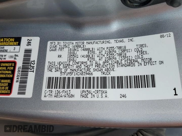 2012 Toyota Tundra z VIN 5TFUM5F1XCX039466, wystawiony jako Copart lot #53440515 z przebiegiem 246 012 mil mil oraz Szkoda całkowita • Salvage title. Historia ofert i sprzedaży dostępna na DreamBid. Obrazek 12.