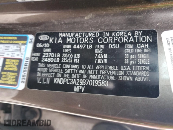 2011 Kia Sportage EX with VIN KNDPC3A29B7019583, listed as a Copart auction lot 54340295 with 175,516 mi miles and Salvage title. Bid and sale history available at DreamBid. Image 13.