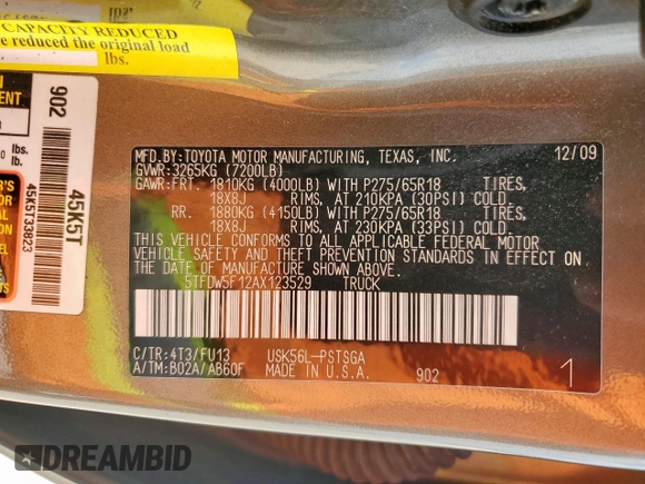 2010 Toyota Tundra with VIN 5TFDW5F12AX123529, listed as a Copart auction lot 60132615 with 264,205 mi miles and Clean title. Bid and sale history available at DreamBid. Image 12.
