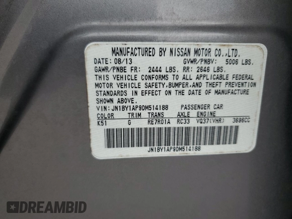 2013 Infiniti M z VIN JN1BY1AP9DM514188, wystawiony jako Copart lot #57634155 z przebiegiem 170 910 mil mil oraz Szkoda całkowita • Salvage title. Historia ofert i sprzedaży dostępna na DreamBid. Obrazek 12.
