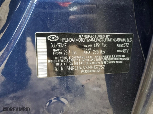 2022 Hyundai Sonata Limited with VIN 5NPEH4J23NH137952, listed as a Copart auction lot 85369364 with 25,510 mi miles and Non Repairable. Bid and sale history available at carsss.com. Image 13.