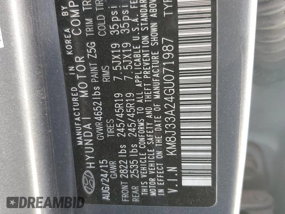 2016 Hyundai Tucson Limited with VIN KM8J33A24GU071987, listed as a Copart auction lot 49468235 with 117,805 mi miles and Salvage Title. Bid and sale history available at DreamBid. Image 14.