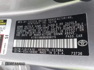 2019 Toyota Camry LE z VIN 4T1B11HK0KU698215, wystawiony jako IAAI lot #42319699 z przebiegiem 54 864 mil mil oraz . Historia ofert i sprzedaży dostępna na DreamBid. Obrazek 9.