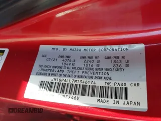 2021 Mazda Mazda3 Hatchback Preferred with VIN JM1BPALL7M1346174, listed as a IAAI auction lot 42005878 with 1 mi miles. Bid and sale history available at carsss.com. Image 9.