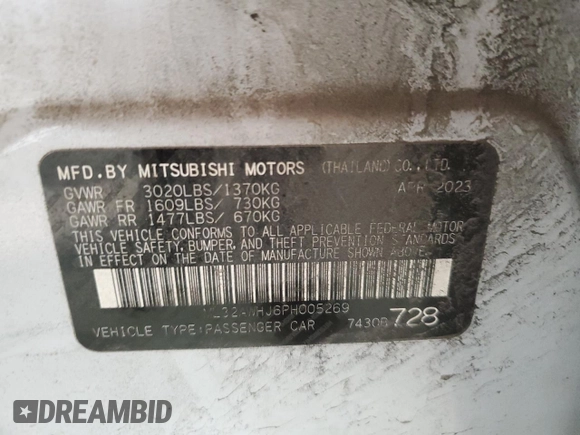 2023 Mitsubishi Mirage Black Edition with VIN ML32AWHJ6PH005269, listed as a Copart auction lot 53878975 with Not provided miles and Salvage title. Bid and sale history available at DreamBid. Image 12.