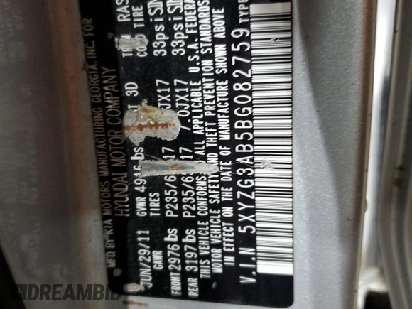 2011 Hyundai Santa Fe GLS z VIN 5XYZG3AB5BG082759, wystawiony jako Copart lot #58315365 z przebiegiem 196 787 mil mil oraz Szkoda całkowita • Salvage title. Historia ofert i sprzedaży dostępna na DreamBid. Obrazek 12.