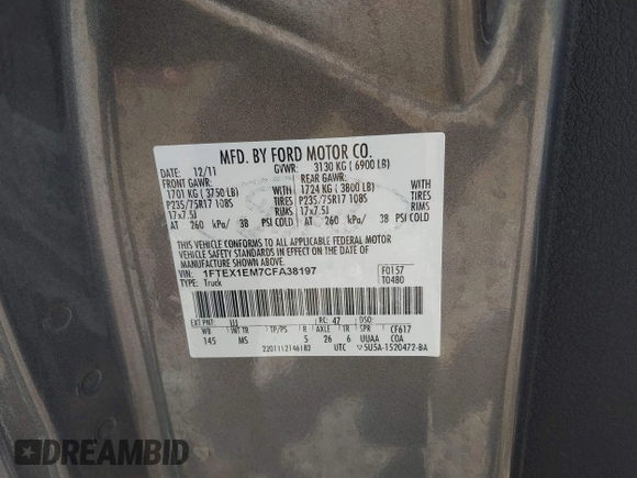 2012 Ford F-150 XL with VIN 1FTEX1EM7CFA38197, listed as a IAAI auction lot 42380231 with 135,174 mi miles and . Bid and sale history available at DreamBid. Image 9.