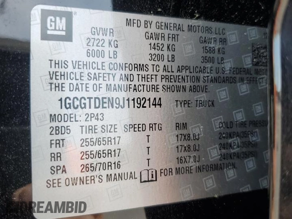 2018 Chevrolet Colorado 4WD Z71 with VIN 1GCGTDEN9J1192144, listed as a Copart auction lot 53122125 with 170,032 mi miles and Salvage title. Bid and sale history available at DreamBid. Image 12.